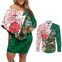 Personalized South Africa and England Rugby Couples Matching Off Shoulder Short Dress and Long Sleeve Button Shirt Springboks Mascot With Red Rose