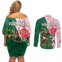 Personalized South Africa and England Rugby Couples Matching Off Shoulder Short Dress and Long Sleeve Button Shirt Springboks Mascot With Red Rose