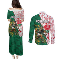 Personalized South Africa and England Rugby Couples Matching Puletasi and Long Sleeve Button Shirt Springboks Mascot With Red Rose