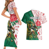 Personalized South Africa and England Rugby Couples Matching Short Sleeve Bodycon Dress and Hawaiian Shirt Springboks Mascot With Red Rose
