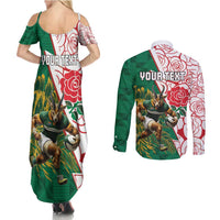 Personalized South Africa and England Rugby Couples Matching Summer Maxi Dress and Long Sleeve Button Shirt Springboks Mascot With Red Rose