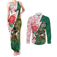 Personalized South Africa and England Rugby Couples Matching Tank Maxi Dress and Long Sleeve Button Shirt Springboks Mascot With Red Rose