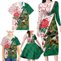 Personalized South Africa and England Rugby Family Matching Long Sleeve Bodycon Dress and Hawaiian Shirt Springboks Mascot With Red Rose