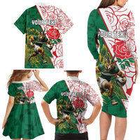 Personalized South Africa and England Rugby Family Matching Long Sleeve Bodycon Dress and Hawaiian Shirt Springboks Mascot With Red Rose