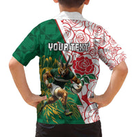 Personalized South Africa and England Rugby Family Matching Off The Shoulder Long Sleeve Dress and Hawaiian Shirt Springboks Mascot With Red Rose