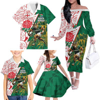 Personalized South Africa and England Rugby Family Matching Off The Shoulder Long Sleeve Dress and Hawaiian Shirt Springboks Mascot With Red Rose