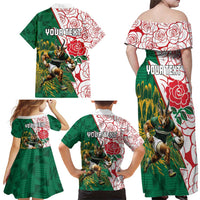 Personalized South Africa and England Rugby Family Matching Off Shoulder Maxi Dress and Hawaiian Shirt Springboks Mascot With Red Rose