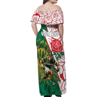 Personalized South Africa and England Rugby Family Matching Off Shoulder Maxi Dress and Hawaiian Shirt Springboks Mascot With Red Rose
