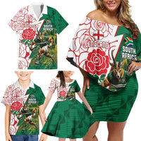 Personalized South Africa and England Rugby Family Matching Off Shoulder Short Dress and Hawaiian Shirt Springboks Mascot With Red Rose