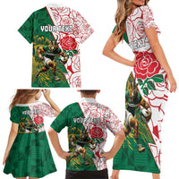 Personalized South Africa and England Rugby Family Matching Short Sleeve Bodycon Dress and Hawaiian Shirt Springboks Mascot With Red Rose