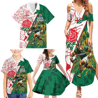 Personalized South Africa and England Rugby Family Matching Summer Maxi Dress and Hawaiian Shirt Springboks Mascot With Red Rose