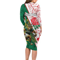 Personalized South Africa and England Rugby Long Sleeve Bodycon Dress Springboks Mascot With Red Rose