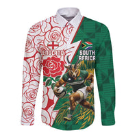 Personalized South Africa and England Rugby Long Sleeve Button Shirt Springboks Mascot With Red Rose