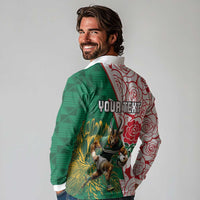 Personalized South Africa and England Rugby Long Sleeve Polo Shirt Springboks Mascot With Red Rose