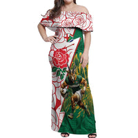 Personalized South Africa and England Rugby Off Shoulder Maxi Dress Springboks Mascot With Red Rose