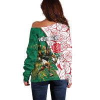 Personalized South Africa and England Rugby Off Shoulder Sweater Springboks Mascot With Red Rose
