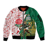 Personalized South Africa and England Rugby Sleeve Zip Bomber Jacket Springboks Mascot With Red Rose