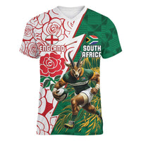 Personalized South Africa and England Rugby Women V-Neck T-Shirt Springboks Mascot With Red Rose