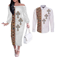 Ethiopia Angels Tilet Couples Matching Off The Shoulder Long Sleeve Dress and Long Sleeve Button Shirt Ethiopian Cross