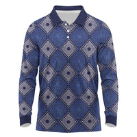 Indigo Diamond African Ankara Pattern Long Sleeve Polo Shirt