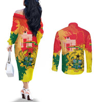 Personalized Ghana Republic Day Couples Matching Off The Shoulder Long Sleeve Dress and Long Sleeve Button Shirt Black Star Square With Coat Of Arms