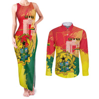 Personalized Ghana Republic Day Couples Matching Tank Maxi Dress and Long Sleeve Button Shirt Black Star Square With Coat Of Arms