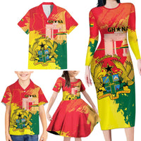 Personalized Ghana Republic Day Family Matching Long Sleeve Bodycon Dress and Hawaiian Shirt Black Star Square With Coat Of Arms