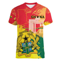 Personalized Ghana Republic Day Women V-Neck T-Shirt Black Star Square With Coat Of Arms