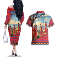 Kenya Adumu Dance Couples Matching Off The Shoulder Long Sleeve Dress and Hawaiian Shirt Maasai Shuka Pattern - Kenyan Safari