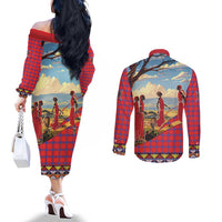 Kenya Adumu Dance Couples Matching Off The Shoulder Long Sleeve Dress and Long Sleeve Button Shirt Maasai Shuka Pattern - Kenyan Safari