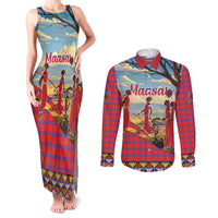 Kenya Adumu Dance Couples Matching Tank Maxi Dress and Long Sleeve Button Shirt Maasai Shuka Pattern - Kenyan Safari