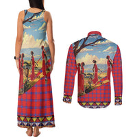 Kenya Adumu Dance Couples Matching Tank Maxi Dress and Long Sleeve Button Shirt Maasai Shuka Pattern - Kenyan Safari
