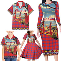 Kenya Adumu Dance Family Matching Long Sleeve Bodycon Dress and Hawaiian Shirt Maasai Shuka Pattern - Kenyan Safari