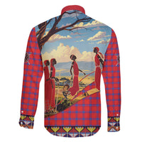 Kenya Adumu Dance Family Matching Off The Shoulder Long Sleeve Dress and Hawaiian Shirt Maasai Shuka Pattern - Kenyan Safari