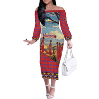 Kenya Adumu Dance Family Matching Off The Shoulder Long Sleeve Dress and Hawaiian Shirt Maasai Shuka Pattern - Kenyan Safari