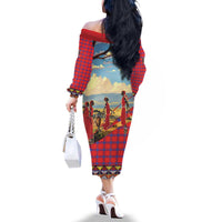 Kenya Adumu Dance Family Matching Off The Shoulder Long Sleeve Dress and Hawaiian Shirt Maasai Shuka Pattern - Kenyan Safari