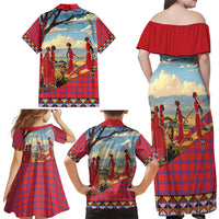 Kenya Adumu Dance Family Matching Off Shoulder Maxi Dress and Hawaiian Shirt Maasai Shuka Pattern - Kenyan Safari