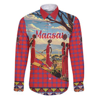 Kenya Adumu Dance Family Matching Off Shoulder Maxi Dress and Hawaiian Shirt Maasai Shuka Pattern - Kenyan Safari