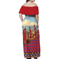 Kenya Adumu Dance Family Matching Off Shoulder Maxi Dress and Hawaiian Shirt Maasai Shuka Pattern - Kenyan Safari