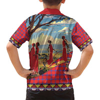 Kenya Adumu Dance Family Matching Off Shoulder Short Dress and Hawaiian Shirt Maasai Shuka Pattern - Kenyan Safari