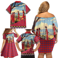 Kenya Adumu Dance Family Matching Off Shoulder Short Dress and Hawaiian Shirt Maasai Shuka Pattern - Kenyan Safari
