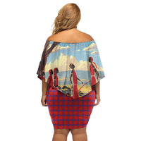 Kenya Adumu Dance Family Matching Off Shoulder Short Dress and Hawaiian Shirt Maasai Shuka Pattern - Kenyan Safari