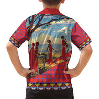 Kenya Adumu Dance Family Matching Short Sleeve Bodycon Dress and Hawaiian Shirt Maasai Shuka Pattern - Kenyan Safari