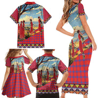 Kenya Adumu Dance Family Matching Short Sleeve Bodycon Dress and Hawaiian Shirt Maasai Shuka Pattern - Kenyan Safari