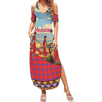 Kenya Adumu Dance Family Matching Summer Maxi Dress and Hawaiian Shirt Maasai Shuka Pattern - Kenyan Safari