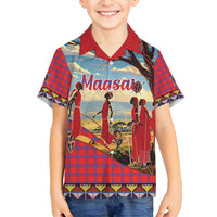Kenya Adumu Dance Family Matching Summer Maxi Dress and Hawaiian Shirt Maasai Shuka Pattern - Kenyan Safari