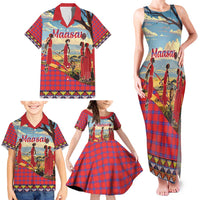 Kenya Adumu Dance Family Matching Tank Maxi Dress and Hawaiian Shirt Maasai Shuka Pattern - Kenyan Safari
