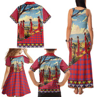 Kenya Adumu Dance Family Matching Tank Maxi Dress and Hawaiian Shirt Maasai Shuka Pattern - Kenyan Safari