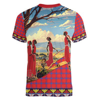 Kenya Adumu Dance Women V-Neck T-Shirt Maasai Shuka Pattern - Kenyan Safari