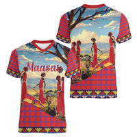 Kenya Adumu Dance Women V-Neck T-Shirt Maasai Shuka Pattern - Kenyan Safari